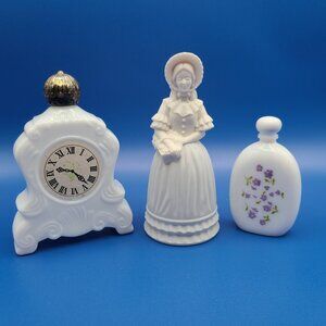 Lot 3 Vintage Avon White Perfume Bottles Mantle Clock Victorian Fashion Lavender